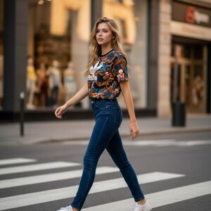 Adidas Kids Floral Graphic Tee - Navy and Orange